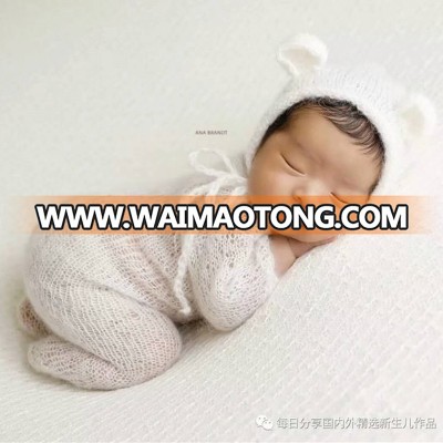 Newborn Footed Long Sleeve Onesie Romper and Bonnet set Luxury yarn Photography Prop Handmade knit Baby Alpaca Romper